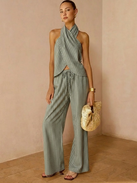 Commense Dresses & Skirts - Commmense Striped Cotton Linen Halter Top & Pants